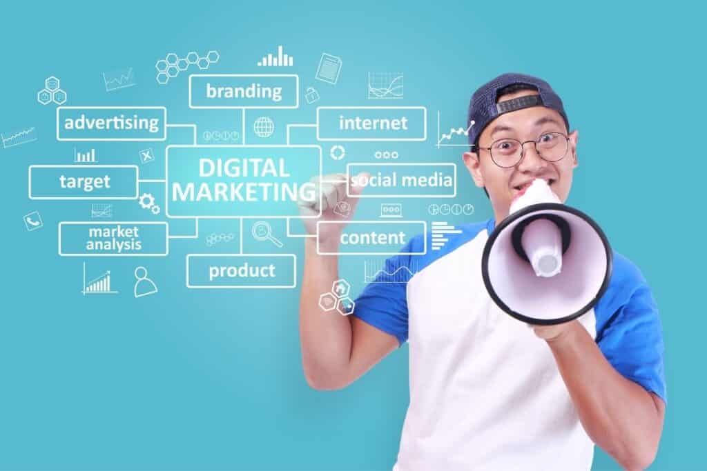 A small business owner on a megaphone, outlining all the different aspects of digital marketing | a featured image on "How Do I Start Digital Marketing for My Business?" by Big Country Marketing | www.bigcountrymarketing.com